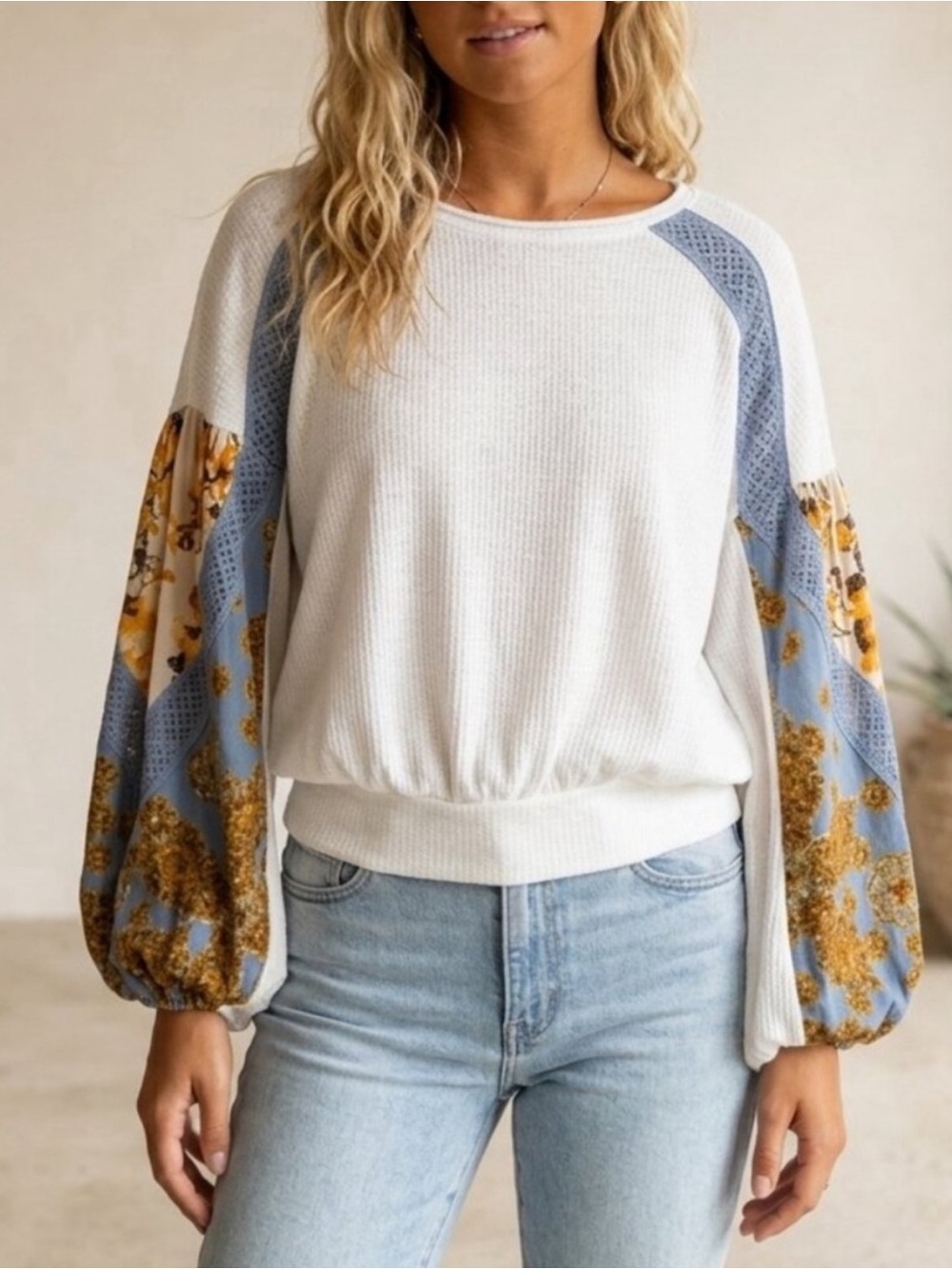 Free People White Waffle Knit‎ Floral Sleeve Blouse Casual Clash Size S